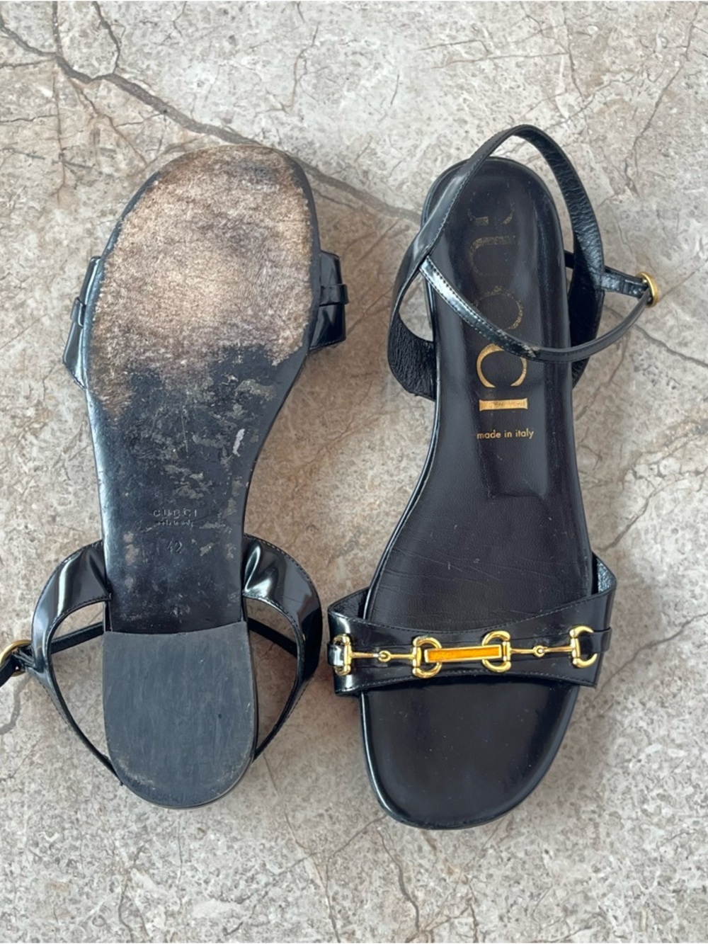 Gucci Horsebit Black Patent Leather Ankle Strap Flat Sandals - Picture 7 of 8